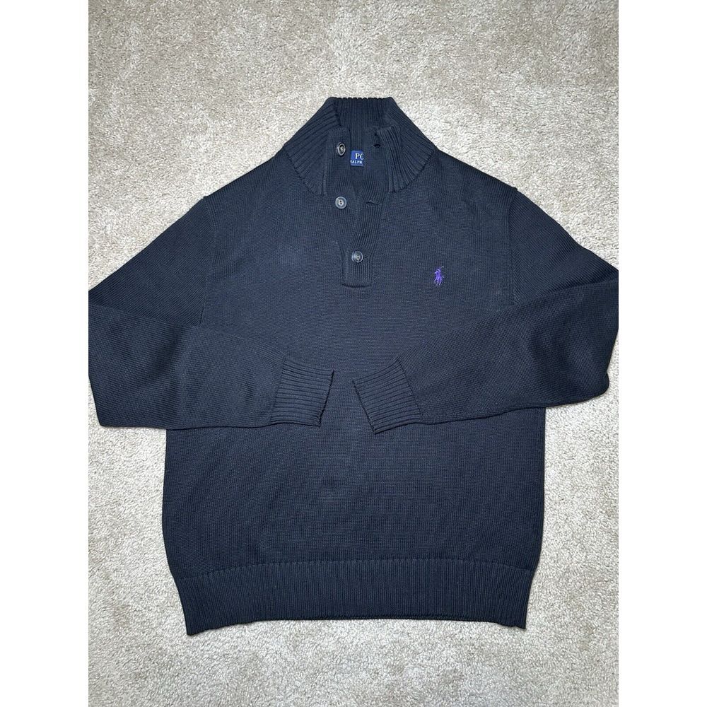 Polo Ralph Lauren Knit Sweater‎ Men Navy 1/4 Button Mock Neck Purple Pony Cotton